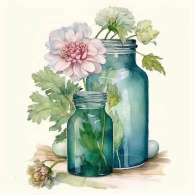 green glass without lid Jars full of flowers ,watercolor, cottage core,peony painted by ann buccarelli,insanely high quality, watercolor , white background, clipart, vintage--q 2