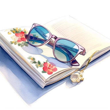 watercolor, hyper realistic, white background, white margins, 16k, ultra detailed clipart, cut out image, hand-drawn, whimsical manhwa style, ultra HD, sharp and clean art a pair of sunglasses resting on a book or magazine, representing relaxation and enjoying lazy summer days. Bright and vibrant colors that evoke the energy and warmth of summer, such as a combination of coral, turquoise, and yellow