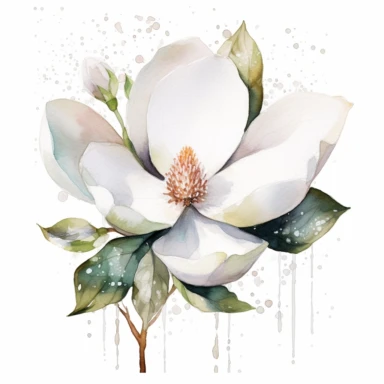 clipart magnolia, watercolor, white background, silver sequins