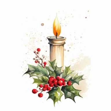 a single tall candle in a candle holder burning with holly and berries, clipart, watercolor style--q2--v5.1--s1000
