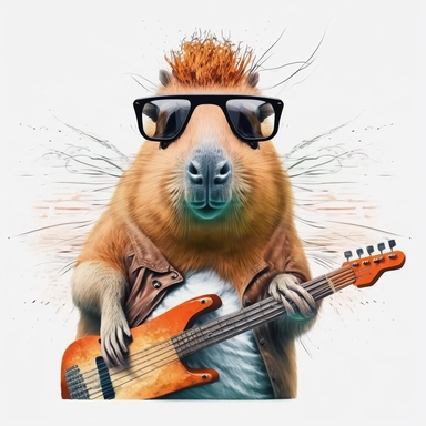 illustration creative, funny Rockstar Capybara, white background, clipart
