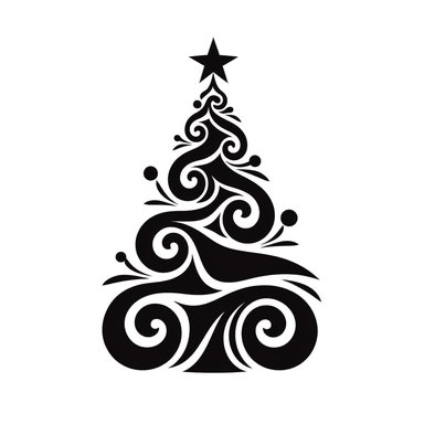 black and white silhouette of a christmas tree, clipart style, white background, thick lines, vector, simple design, flat colour, solid colour, christmascore