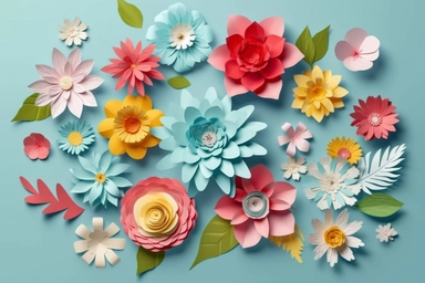 3d render, craft paper flowers, floral clip art set, botanical design elements, bright candy color, isolated on sky blue background vector art illustration