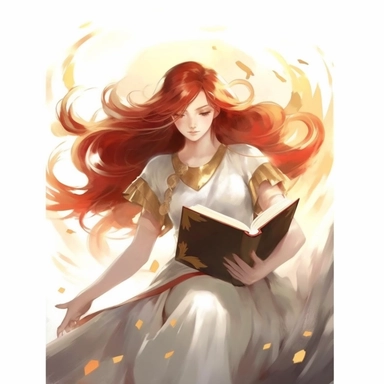 a girl reading a book with red flowing hair, delicate shades of red orange and gold, watercolor clipart, white backound, no backound, glowing,Takehisa Yumeji