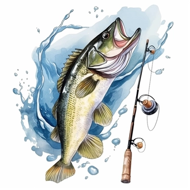fishing rod And Bass Fish Watercolor Sublimation Clipart,Cartoon,hyper realistic, intricate detail, illustration style,high solution,on the white background