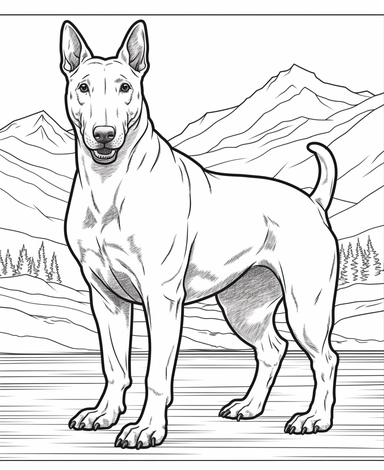 expert coloring page style of ultra-realistic Bull Terrier Dog breed Clipart, simple lake background, simple line art, line is crisp and clean, easy to color