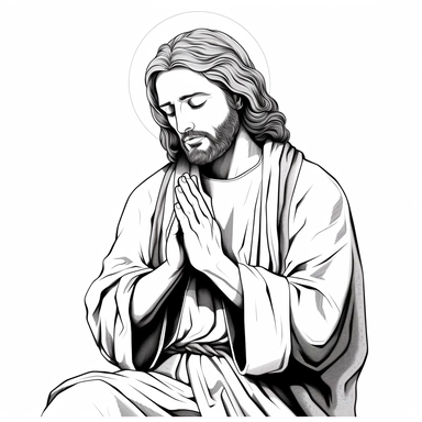 Jesus Christ, Cartoon Line art, praying, clipart style, solid white background