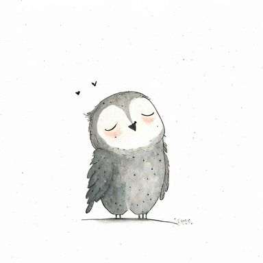 a minimal doodle of a happy adorable great grey owl, watercolor and ink drawing, clipart, happy, gentle smile, beautiful watercolor ink wash coloring, thick pencil lines, Jon klassen, Adrian tomine, popular on etsy, watercolor illustrations clipart, watercolor illlustrations for kids and children, book illustrations, plain white background