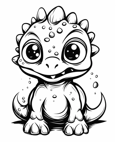 clipart image of a cute dinosaur with big eyes, outline art style, very simple strokes, bold line, coloring book black and white style, white background