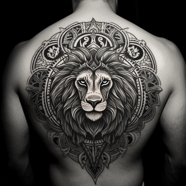 Design a majestic, black and white graphic tattoo that takes inspiration from the Persian 'shir-o-khorsheed' emblem. Feature a lion, standing fearless and calm, bathed in the glow of a radiant sun. The lion's features should be intricately detailed, a symbol of strength and authority. Ensure the sun's rays are bursting forth, giving the impression of a bright future and unfaltering optimism. Intertwine a Shamshir sword into the design, an emblem of courage and valor, perhaps held proudly by the 