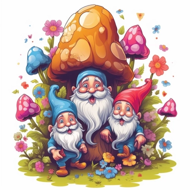 gnomes in spring, floral, colorful, clipart, vector image, black outlines, trending on artstation, isolated white background,