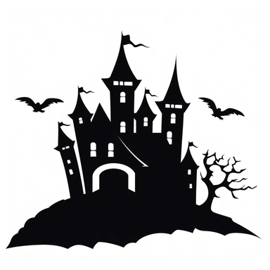 black and white silhouette of a spooky castle with bats flying around it, clipart style, white background, thick lines, vector, simple design, flat colour, solid colour, halloweencore