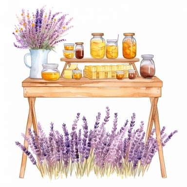 hand drawn honey stand, honey for sale, flowers and grass, shades of yellow and purple, very detailed, very realistic, watercolor, clipart style white background with margins