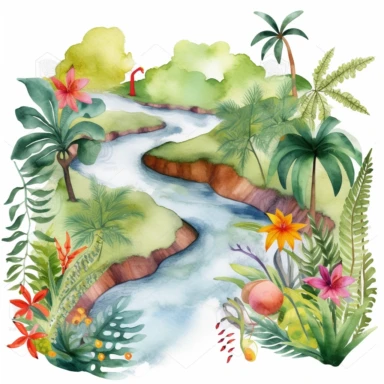 Design a watercolor jungle river clipart scene, with a winding river flowing through a lush tropical landscape filled with vibrant flowers and foliage on a white background. This adventurous design can be used to enhance various clipart elements or as a standalone decoration for exploration or nature-themed projects.