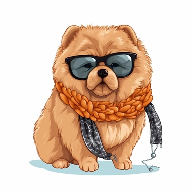 cute funny kawaii Chow Chow Puppy with Balenciaga sunglasses and cool necklaces or scarf, cute illustration, clipart, white backgound, Cuttable Design,full body