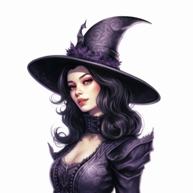 beautiful plump asian victorian witch with black hair wearing a pointed witch hat, looking left, victorian hairstyle, victorian witch hat, Victorian era clothing, beatiful smile, realistic inverted portrait white background, high quality, hyper-realistic, witch Clipart,black and purple dress