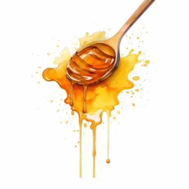 watercolor of honeyspoon with a splash of gooey honey under it and sticking to it, clipart, vibrant colors,detailed, white background