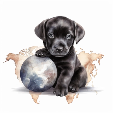 Watercolor puppy playing, with ball that resembles a world globe Clipart - cute puppy , Colour of black and silver, white background, vector art, high definition, clip art, ar 2:2