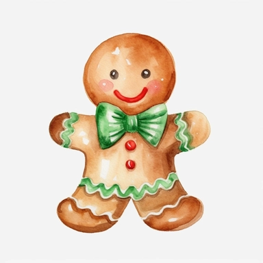 watercolor, Cute christmas gingerbread man watercolor clipart, green color scheme, christmas style, isolated white background, single design, single object, print on demand image, PNG transparent background, white background for removing background - - no text shadow font