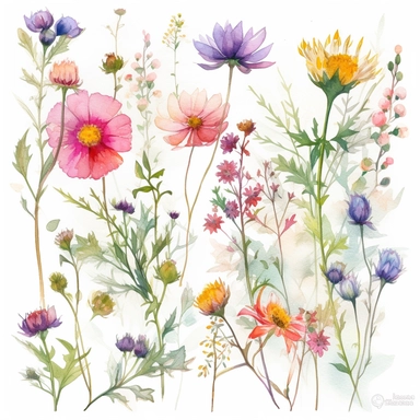 Watercolor Dreamy Wild Flowers Clipart, April Flowers, Bright Flowers, White Background, no caption, by Hiroko Koshino
