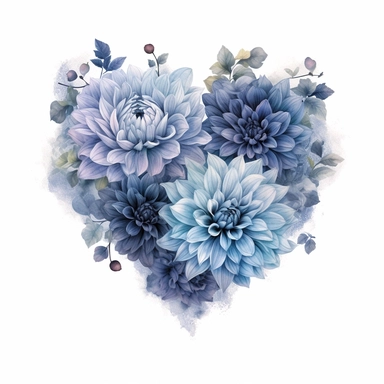 a heart shape made withsoft blue and pastel blue Dahlia flowers, wet on dry watercolour style, dark gothic antique look, clipart, white background