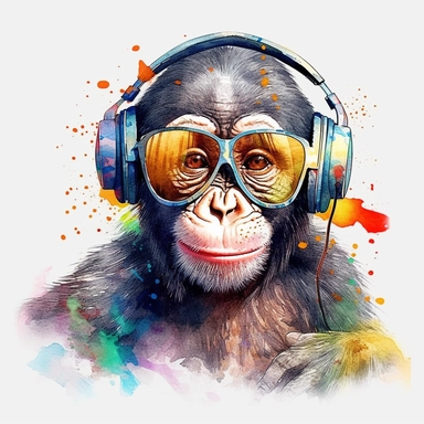 Ape baby with sunglasses listen to music, clipart, watercolor, anime