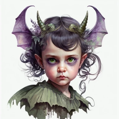 boho little girl, big eyes, maleficent, green glowing eyes, horns and wings, shades of purple clothing, very detailed and realistic, half body, watercolor, white background with margins, clipart style,