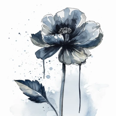 a line drawing of a flower on a stem, BOTANICAL Floral Black Clipart Vector design style. The Drawing is in dark blue ink , almost black. The drawing of a flower is on a smear of watercolour or a brush stroke. The smear is light tape colour, transparent and washed. The drawing is on a very light grey watercolour paper, the paper is 5 tones lighter than the brush srtoke colour. Very elegant minimalistic hand make look drawing. ar-- 16:9