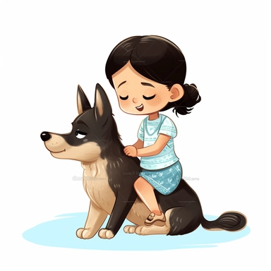 light skin baby girl with black hair and blue dress riding a brown canaan dog drawn from their back in children's book style clipart