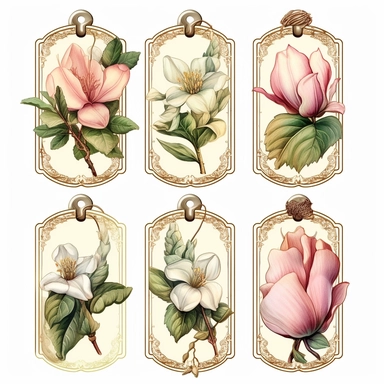 victorian number tags, clipart, isolated, with boquet of magnolia flower and delicate vines
