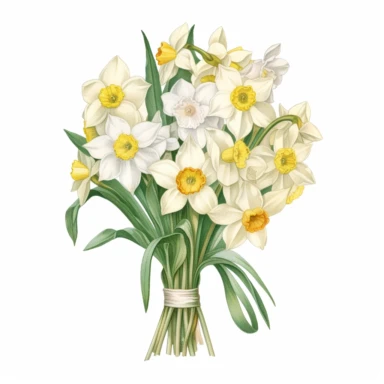 botanical clipart, full jonquil flower bouquet ruban wrap, isolated on white background, Margaret Mee, Pierre-Joseph Redouté, Sydney Parkinson, 8k