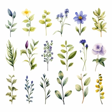 delicate botanical wildflower stems, tiny buds, and foliage bring to mind summer and captivate the beauty of nature, arranged for frames on invitations, watercolor painted with clean lines and edges for clipart on white background