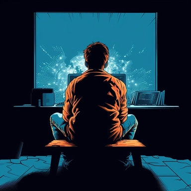 a simple, clipart inspireed image of a person sitting in a dark room in front of a brightly lit computer screen