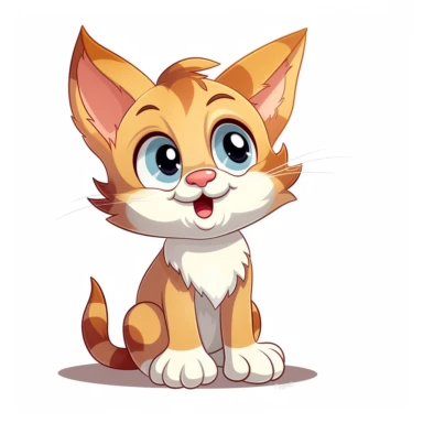 A high-quality cartoon clipart displaying a cute little cat in its entirety, positioned against a solid white background, ensuring excellent clarity and capturing the kitten's lively spirit