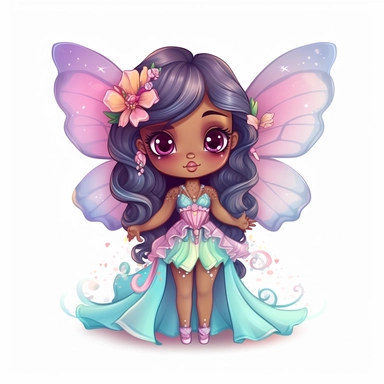 kawaii cute, fairy princess ballerina, extra long hair, tiny chibi body, darker skin tone, blue eyes, extravagant rainbow dress, butterfly wings, tiara, clipart, sticker, retrowave style, no background, hd