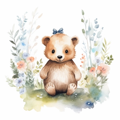 watercolor spring baby bear woodland creature on white backgroung, nursery decor, baby shower clip art, cute and whimsical design