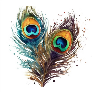 curved hand painting, painted, hand drawn, clipart, of two and three peacock feathers on a white background