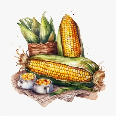 BBQ corn on the cob Clipart, watercolors style, white background, 8k
