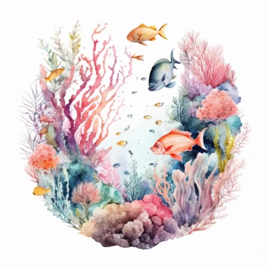 watercolor ocean coral reef with pastel coral and colorful sea life and tropical fish clipart white backround