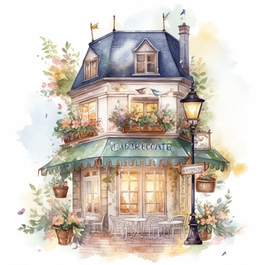 commercial illumination of watercolor clipart of magical cute realistic french cafe small and vivid pastel colors,ultra realisitc with flowers and butterflies, starry night, high quality watercolor style clipart, intricate design, clipart witchcore dreamcore cottagecore white background no text, isolated on white, ghibli style, award winning