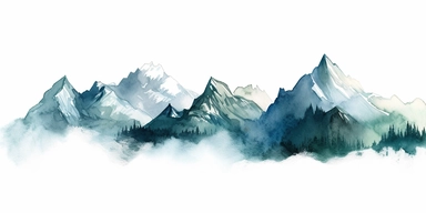 watercolor clipart of mountain peaks. very soft light colors of blue and green. simplistic.