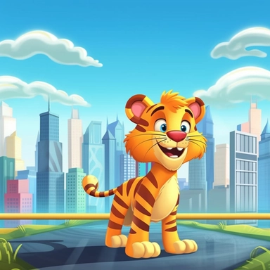 clipart cartoon cute tiger, sunny day, full body, soft outlines, volumetric light amazing landscape, background skyline of manhattan