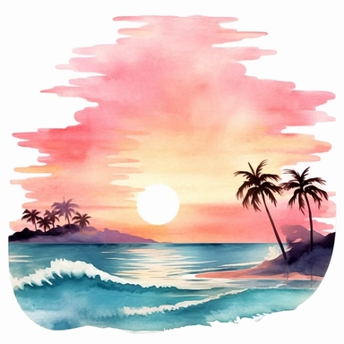 Blue Pinkish eyvin dearle Style Watercolor Beach Ocean Retro Sunset Clipart, Colorful and white Background