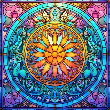 an intricate stained glass window design clipart, in the style of art nouveau, #screenshotsaturday, reimagined religious art, multiple shapes,islamic art and architecture, no background, vibrant colors, sunshine coming in through the glass, flowers at the bottom, dramatic lighting,in the style of light violet and teal and light amber