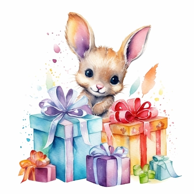 one birthday gift clipart on a white background, in the style of realistic watercolor paintings, toycore, fantastical compositions, characterized animals, tonal variations in color, highly detailed illustrations, no watermark, text, words, paintbrush , 300 DPI , typography, the images do not stick together, no text in the picture