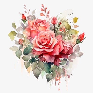 watercolor pink and red flower roses and leaves bouquet with floral detail, clipart, red and beige, booru, uhd image, pastoral charm, free brushwork