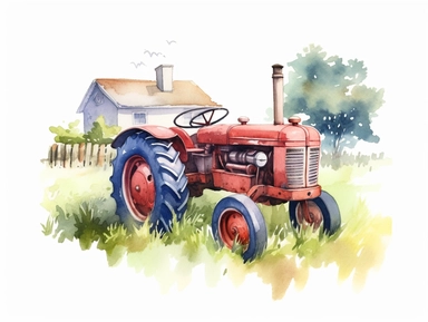 watercolor vintage farm illustration with vintage tractor, carving, serene pastoral scenes, farm clipart, cute, happy, adorable, high quality, for children, soft brush texture, soft colors, Summer Time. Make this image ultra-high resolution,