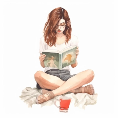 girl reading, crosses legs, pastel colors, light watercolor, few details, dreamy, Studio Ghibli, clipart, white background