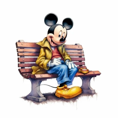 mickey mouse, drawing, 2d, sitting on a bench, colored, clipart, disney