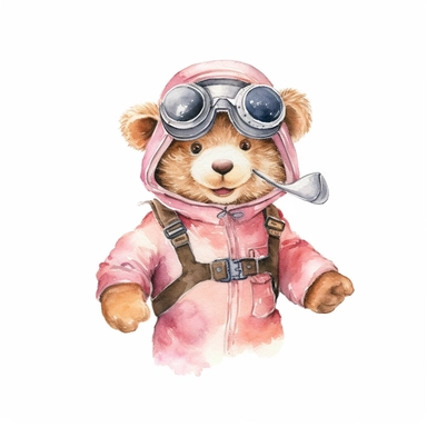 Watercolor Teddy Bear waring Pink shirt as an aeroplane pilot, multiple expression, happy and smiling clipart on a white background